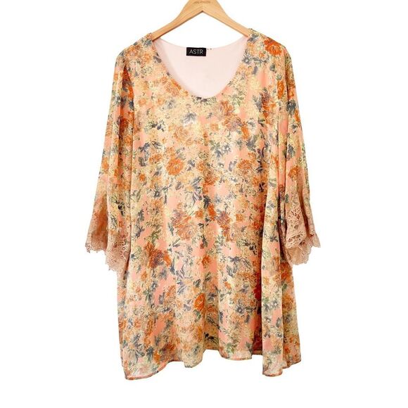 ASTR Anthropologie"the label" Peach Floral Bell Sleeves Lace Trim Mini Dress - Picture 2 of 8